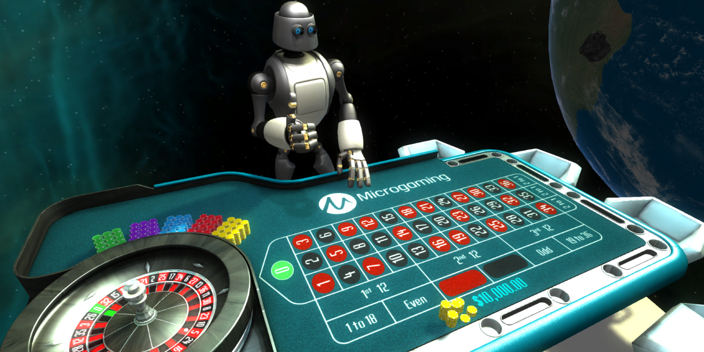 Робот у виртуального стола для игры в рулетку