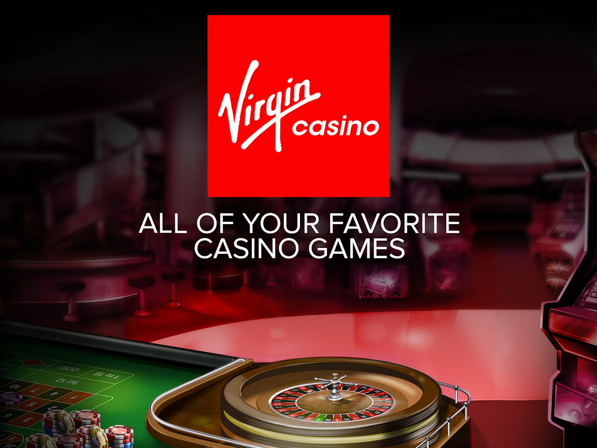 Фирменная надпись "Virgin Casino" и фраза на английском "Все ваши любимые игры казино" на фоне зала с рулеткой