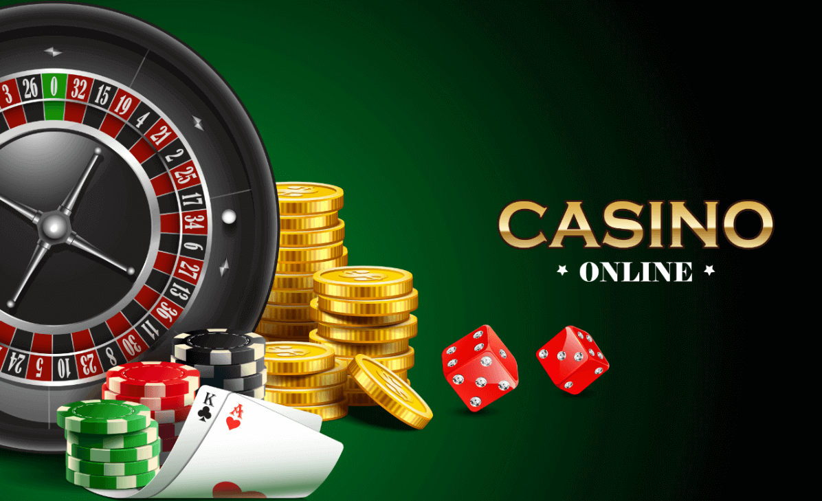 Колесо рулетки, стопки фишек, монеты и деньги, а рядом надпись "Casino Online"