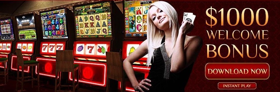 Привлекательная блондинка позирует в зале с игровыми автоматами, а рядом реклама бонуса онлайн казино в размере 1000 долларов