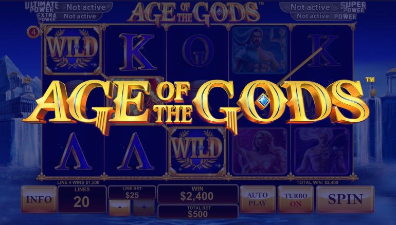 надпись золотыми буквами "Age of the Gods" на фоне линий игрового автомата