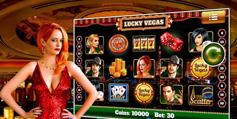 Рыжеволосая красотки в красном платье позирует на фоне линий слота Lucky Vegas