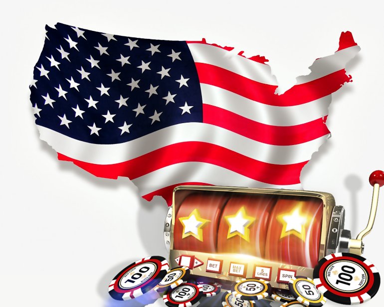 Американский флаг и игровой автомат в казино США