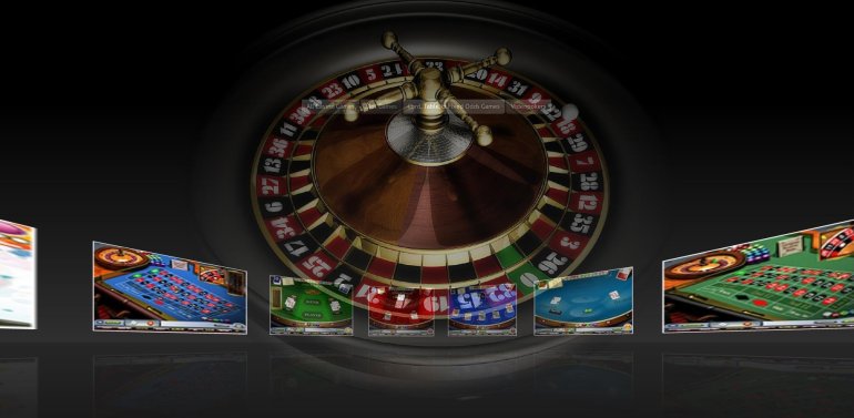 В полумраке находится колесо рулетки, а внизу мини-изображения разных азартных игр