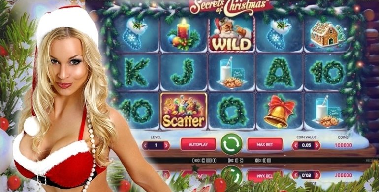 Блондинка с огромной грудью в красном лифе и колпаке Санты презентует рождественский слот игровой автомат Секреты Рождества