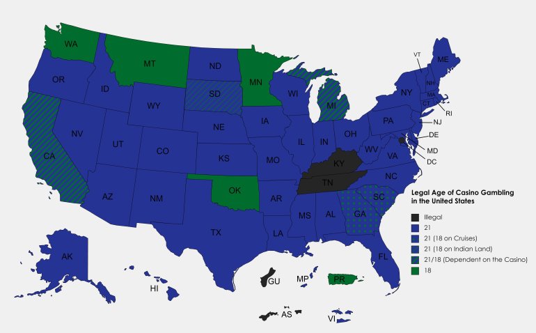 минимальный возраст для азартных игр в разных штатах США